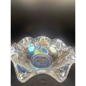 Vtg 1970s LE Smith Lustre Rose Ice White Carnival Glass Ruffled Bowl Signed S